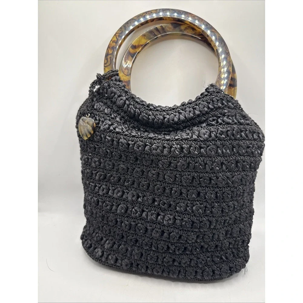 Vintage Black Crochet Liz Claiborne Purse Plastic Wood Color‎ Handle